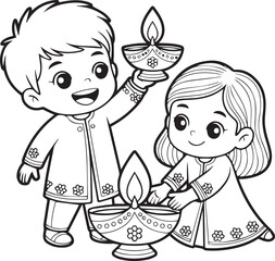 Boy and girl lighting Diwali lamps 