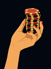 Vector flat illustration of graceful female hand holding casino gambling chips. Minimalist casino scene symbolizing power, luck and winning hand in elegant style. For casino projects