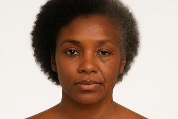 Document-style photo on white background showing African American woman, split in half between youthful appearance and mature adulthood..