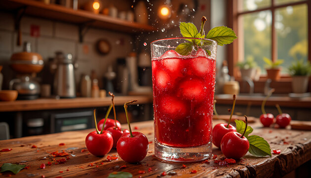 Vaso de cristal con zumo de cereza y cubitos de hielo sobre una mesas de madera con cerezas alrededor