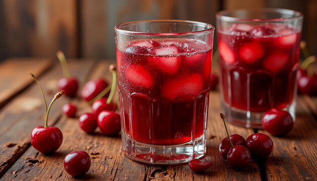 Vaso de cristal con zumo de cereza y cubitos de hielo sobre una mesas de madera con cerezas alrededor