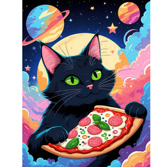 Whimsical black cat holds a slice of pepperoni pizza among colorful cosmic clouds and planets in a vibrant night sky
