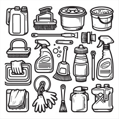cleaning field elements vector clip art collection, simple editable line style