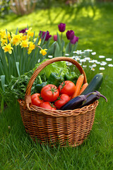 Harvest Bounty: Fresh Organic Vegetables in a Woven Basket on a Lush Garden Lawn