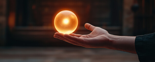 Hand gently holds glowing, levitating orb of light, creating magical and mysterious atmosphere