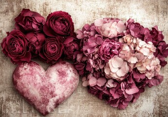Romantic heart-shaped cushion nestled amidst vibrant red and pink flowers.  A cluster of deep red roses and a lush bouquet of pink and purple hydrangeas surround a maroon heart-shaped pillow