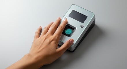 Hand pressing a fingerprint scanner on a white surface for identification.