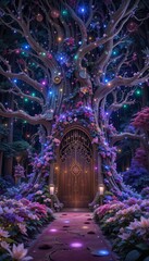 Obraz premium Enchanted Treehouse Doorway at Night