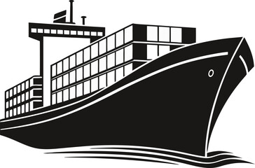 Black Silhouette Vector Illustration of a Container Cargo Ship ? Maritime Transport Icon for Global Shipping and Logistics