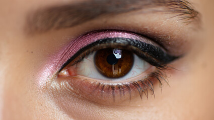 Fototapeta premium Gorgeous woman’s eye with soft makeup, showcasing natural beauty with neutral eyeshadow and subtly defined lashes. Series of images.