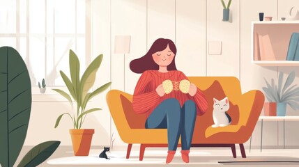 A woman is knitting a scarf using wool. She's relaxing and enjoying her crafting hobby.
