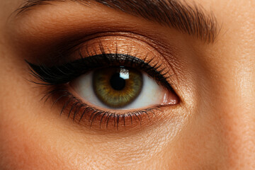 Fototapeta premium Close-up of a woman's eye, featuring a flawless makeup look with dark eyeliner, bold eyeshadow, and thick lashes.