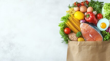 This set of healthy ingredients, including salmon and various fruits, is perfect for a balanced diet while shopping at your local grocery for convenient food options to enhance your lifestyle