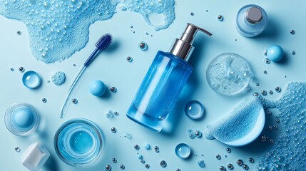 Blue bubbles and tiny bits create a cool backdrop for beauty items.
