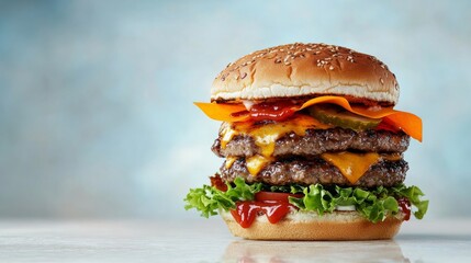 Delicious gourmet burger fast food restaurant food photography indoor setting close-up view culinary delight