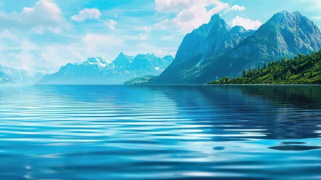 Serene landscape featuring calm water reflecting a bright sky and majestic mountains in the background, perfect for nature scenes.