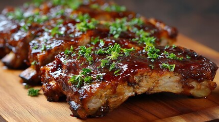Glazed ribs with parsley on a wood board