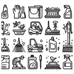 cleaning field elements vector clip art collection, simple editable line style