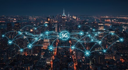 Cityscape at night with glowing network overlay representing 5g technology.