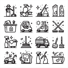 cleaning field elements vector clip art collection, simple editable line style
