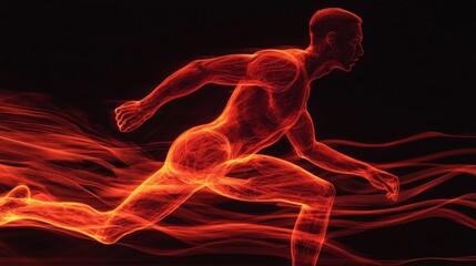 Dynamic figure running in a vibrant display of energy and motion against a dark background