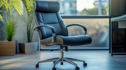 Fototapeta premium A comfortable executive office chair with padded armrests and a reclining feature for relaxation.