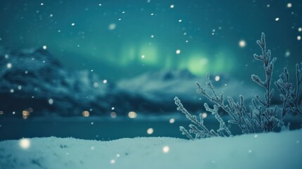 Snowy landscape, aurora borealis, winter night, mountains