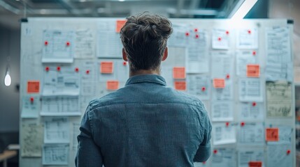 Office worker checking a board with red pins marking urgent deadlines