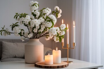 Minimalist Interior with White Floral Arrangement and Candlelight
