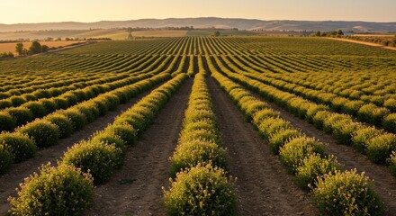 Expansive Oregano Fields Under Golden Sunlight: A Breathtaking Scenic Landscape View