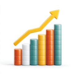 Fototapeta premium Colorful 3D bar graph with upward trending arrow, illustrating growth and progress. Pastel tones and textured bars.