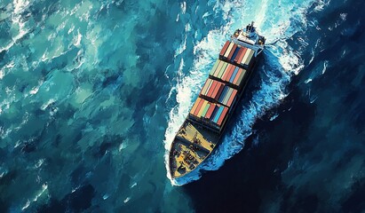 Aerial view of cargo ship transporting containers across the ocean with blue water and white waves