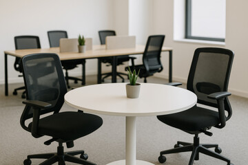 Round tables in modern coworking space – minimal close-up office interior