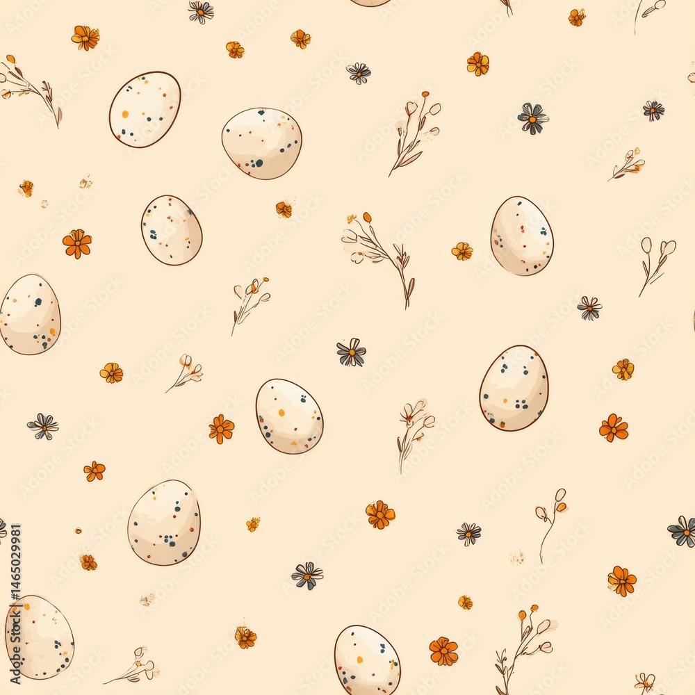 Aufkleber pattern featuring decorative eggs and small flowers on a soft beige background, perfect for spring o