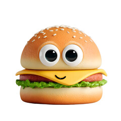 Cartoon Burger: A whimsical, big-eyed hamburger with a cheerful cheesy smile on a black background.