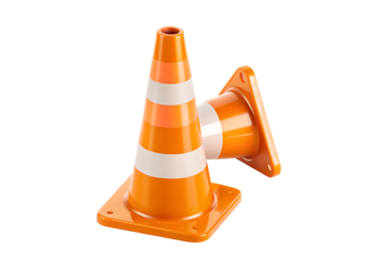 Orange 3d traffic cone with white stripes isolated on white background PNG