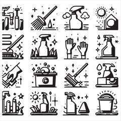 cleaning field elements vector clip art collection, simple editable line style