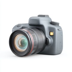 Digital SLR camera, dark gray body, large lens, isolated on white background. Detailed product shot.