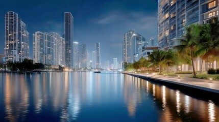 Obraz premium Evening Boat Cruise Along a Serene Waterfront in a City of Tall Buildings Under a Clear Sky