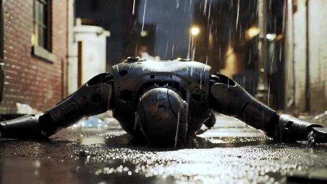 Defeated Cyberpunk Robot Lying in Dark Rainy Alleyway