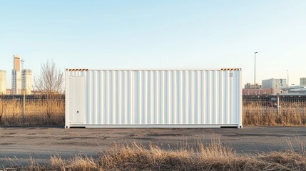 Obraz premium Container storage unit placed on a gravel lot next to urban skyline during clear daylight hours