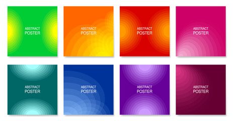 Set of abstract square posters. Purple, blue, teal, green, red, orange and pink background designs. Round pattern with gradient transition, blended ovals