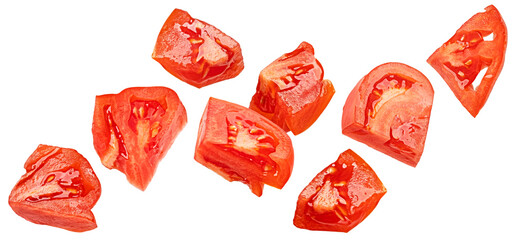 Falling chopped tomatoes isolated on white background with clipping path