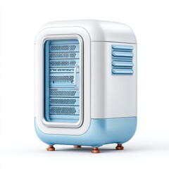 Retro styled light blue and white server rack with transparent door, isolated on white background. Compact and clean design.