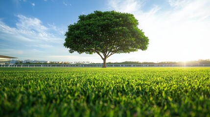Obraz premium Tall tree in the middle of a racecourse, with competitors running by during a sporting competition.