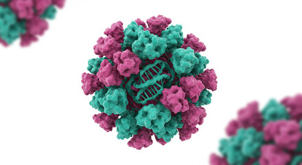 Detailed 3D Rendering of a Adeno-Associated Virus with Pink and Green Capsid