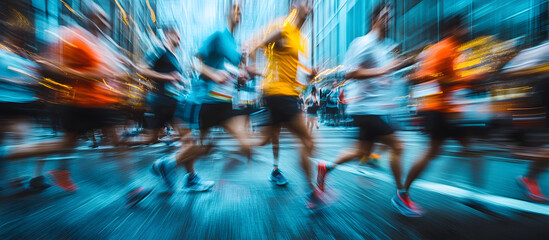 Marathon runners blurred in urban motion.