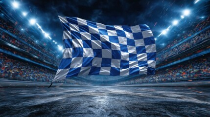 Blue and white checkered flag waving in a vibrant sports stadium