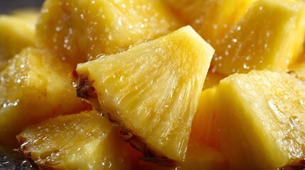 Juicy pineapple chunks, close up, golden color