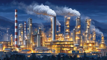 Industrial complex illuminated at night with smoke and glowing lights